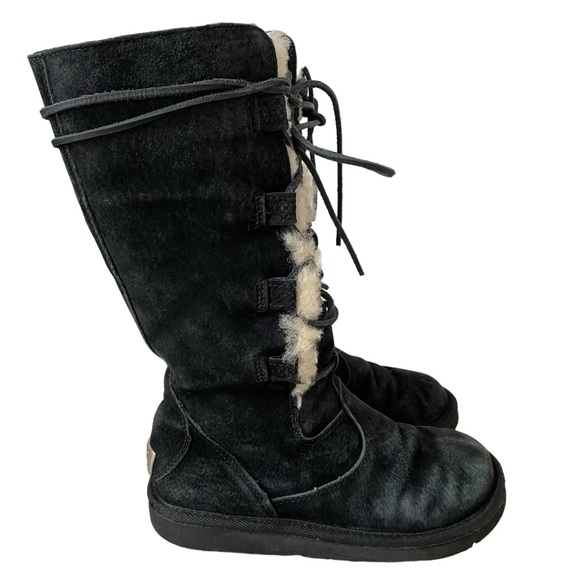 UGG Whitley Black Suede Lace Up Boot Size 5 Style 1522 Fur Winter Leather Cozy - Picture 9 of 9